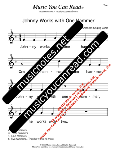 "Johnny Works with One Hammer" Lyrics, Text Format