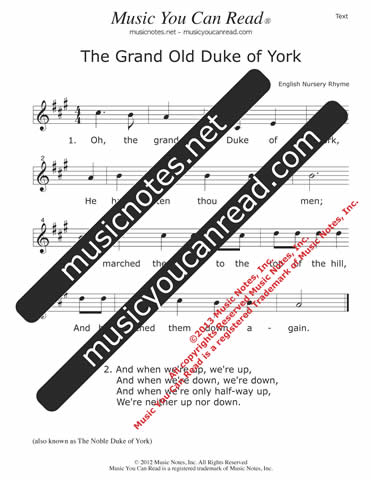 "The Grand Old Duke of York" Lyrics, Text Format