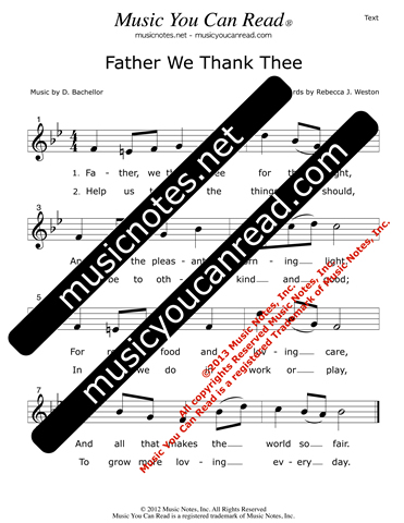 "Father We Thank Thee" Lyrics, Text Format