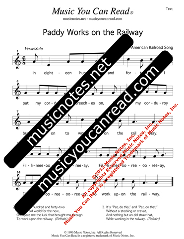 "Paddy Works on the Railway," Lyrics, Text Format