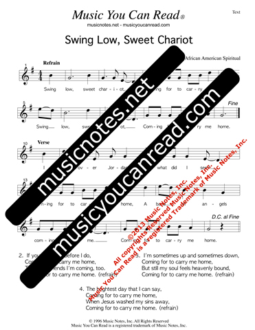 "Swing Low, Sweet Chariot," Lyrics, Text Format