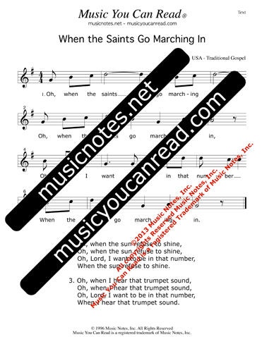 "When the Saints Go Marching In" Lyrics, Text Format